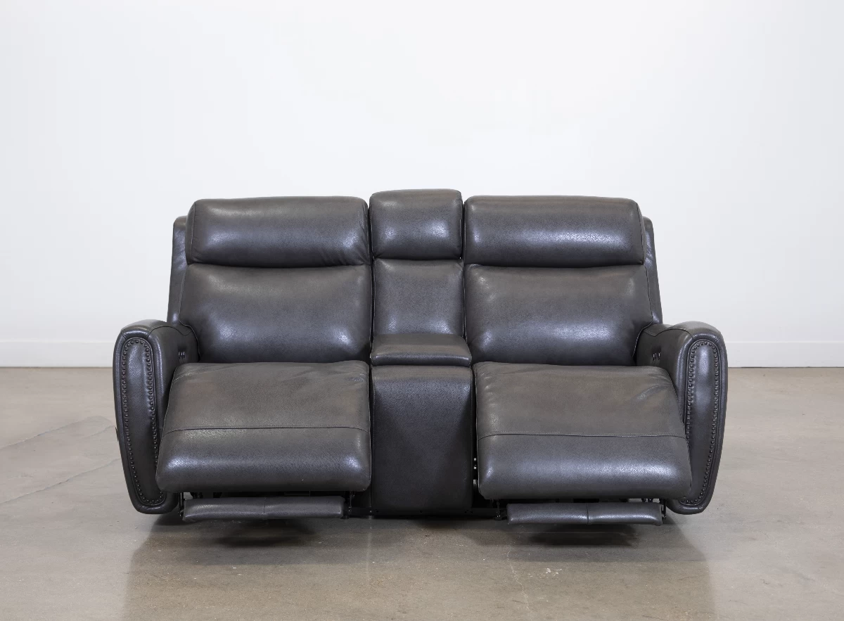 Man Wah Charcoal Leather Power Reclining Console Loveseat 2 Man Wah Charcoal Leather Power Reclining Console Loveseat - Image 2