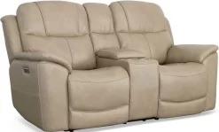 Flexsteel® Crew Pebble Power Reclining Loveseat With Console And Power Headrests And Lumbar