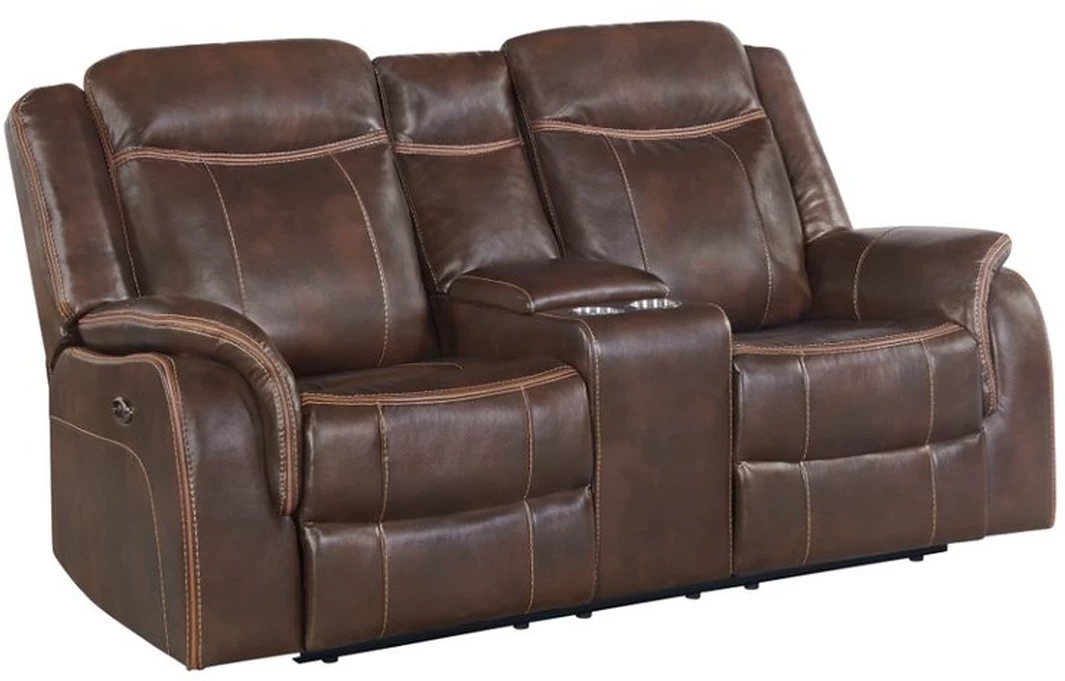 Elements International Carrera Brown Gliding Reclining Loveseat With Console 1 Elements International Carrera Brown Gliding Reclining Loveseat With Console