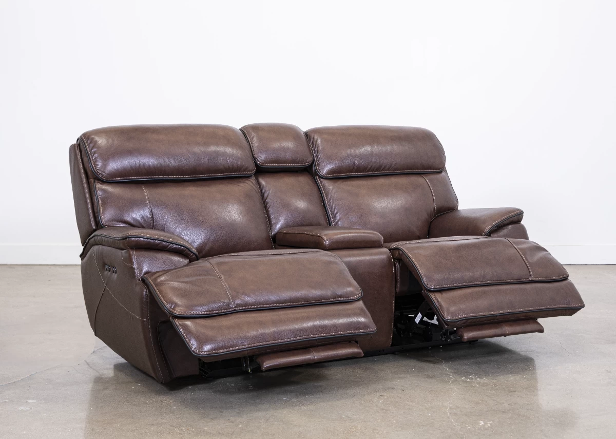 Man Wah Walnut Leather Power Reclining Console Loveseat 2 Man Wah Walnut Leather Power Reclining Console Loveseat - Image 2