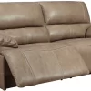 Signature Design By Ashley® Ricmen Putty Leather Power Reclining Sofa With Adjustable Headrest
