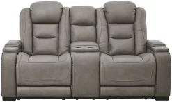 Signature Design By Ashley® The Man-Den Gray Leather Power Reclining Loveseat With Adjustable Headrest
