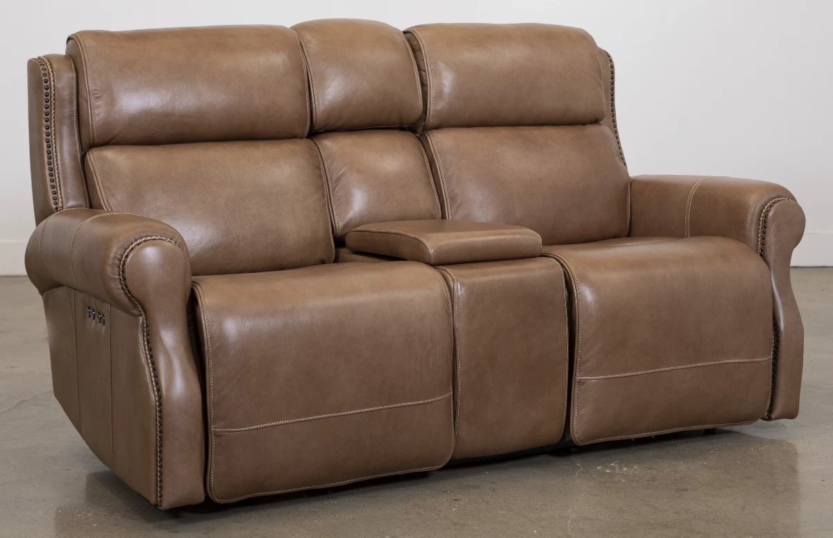 Man Wah Umber Leather Power Reclining Console Loveseat 1 Man Wah Umber Leather Power Reclining Console Loveseat