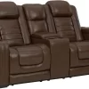Signature Design By Ashley® Backtrack Chocolate Leather Power Reclining Loveseat/Console/Adjustable Headrest