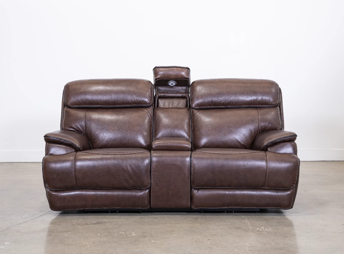 Man Wah Walnut Leather Power Reclining Console Loveseat 4 Man Wah Walnut Leather Power Reclining Console Loveseat - Image 4