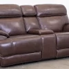 Man Wah Walnut Leather Power Reclining Console Loveseat